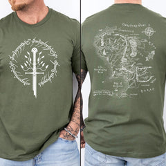 LOTR -  Tolkien T-Shirt, Narsil Broken Blade Tee with Middle Earth Map On Back Tshirt, LOTR Unisex Shirt, Lord of the Rings, LOTR FAN Nerdy Gift