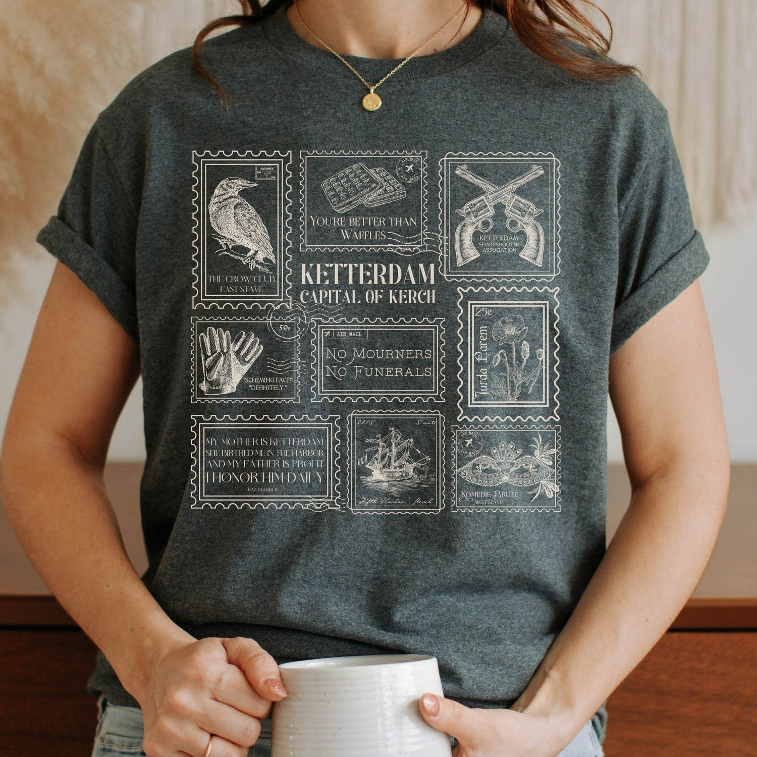 (SOC) -  Six of Crows Stamp Collection Tee Shirt Tshirt * Crow Club Kaz Inej Jesper Greetings from Ketterdam Postcard Book Fandom Merch Bookish Gift