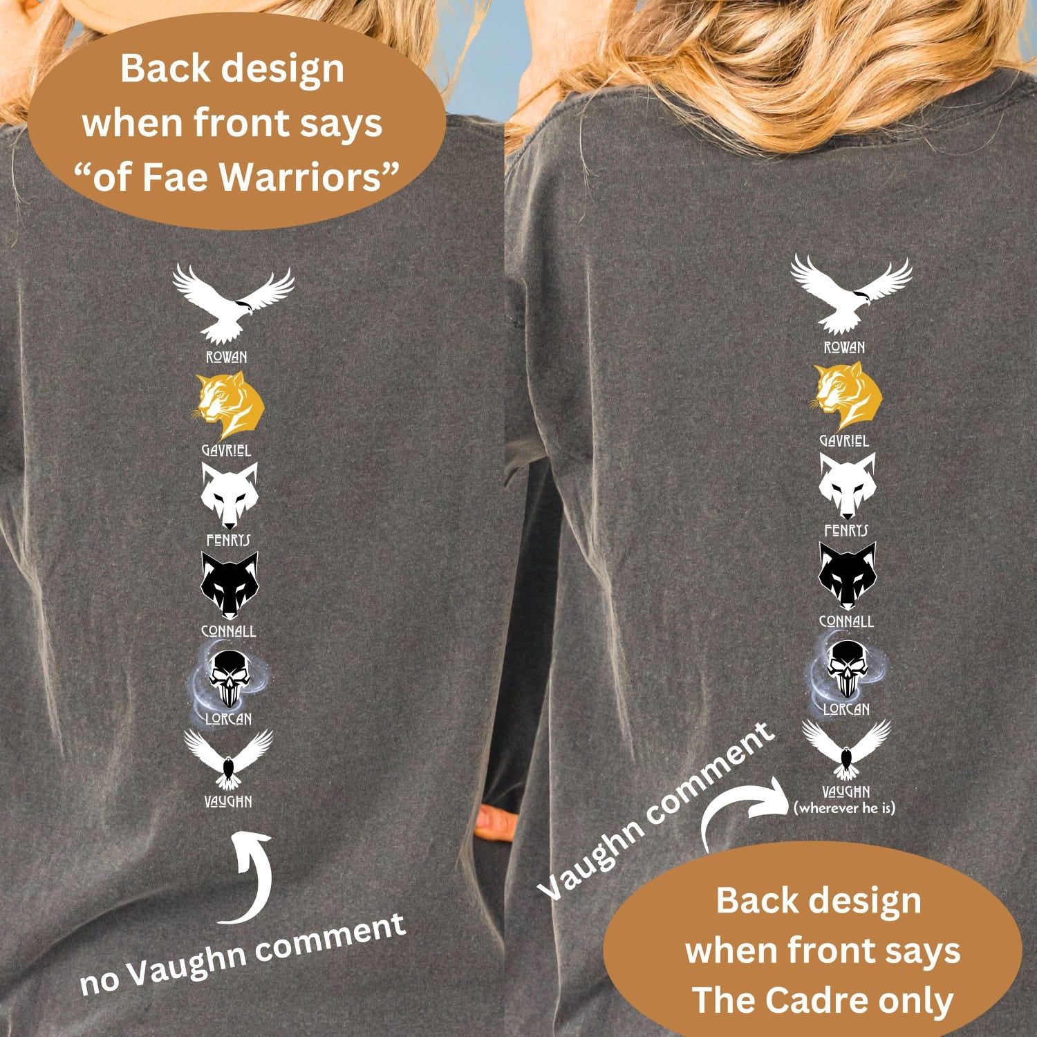 (TOG) -  Cadre of Fae Warriors Throne of Glass 2-sided Comfort Color T-shirt, Rowan Gavriel Fenrys Connall Lorcan & Vaughn from Sarah J Maas epic