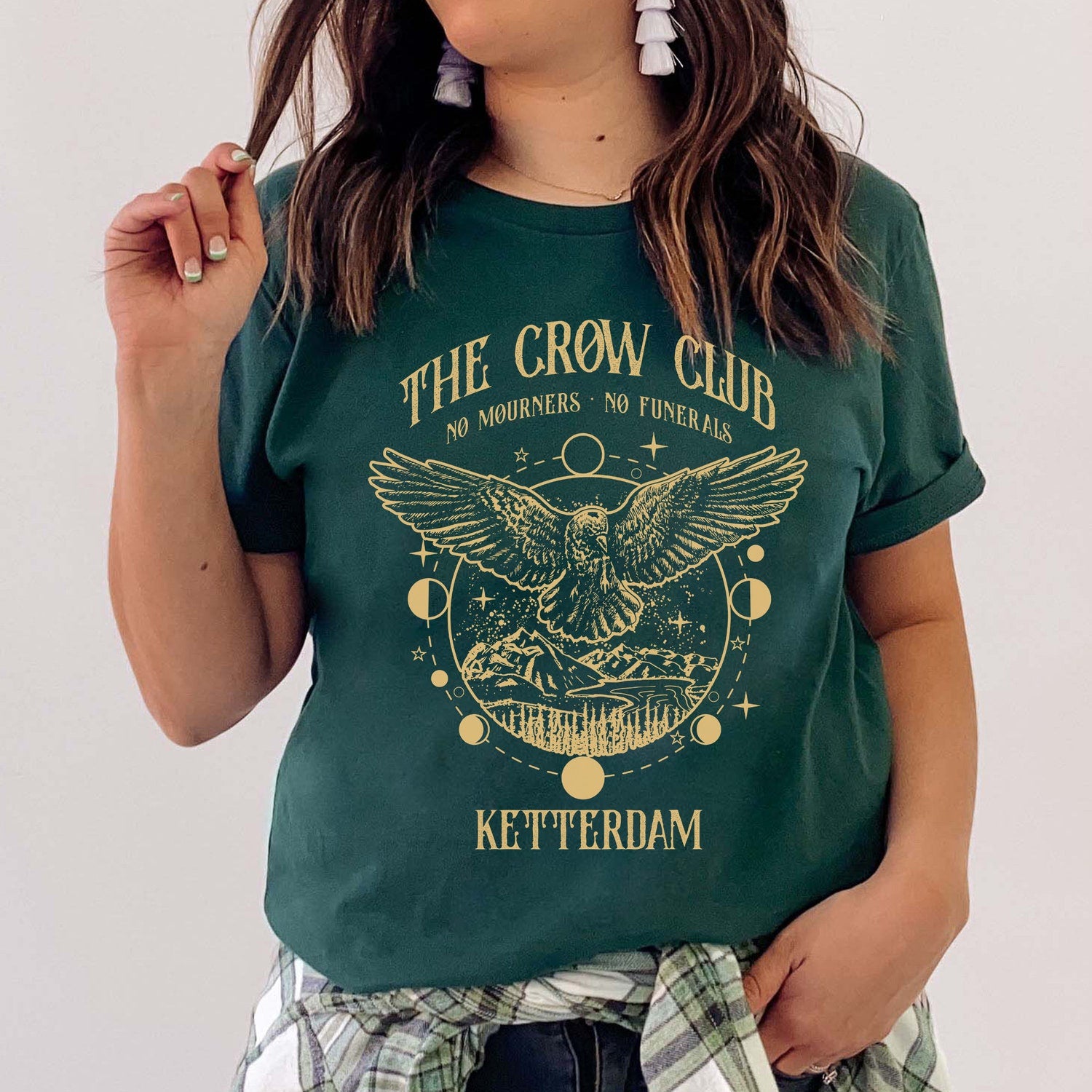 (SOC) -  Six of crows shirt, No mourners merch, Ketterdam crow club, Kaz Brekker sweater, Inej sweatshirt, Nina Jesper Matthias, No funerals quote