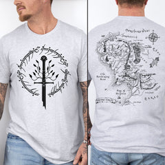 LOTR -  Tolkien T-Shirt, Narsil Broken Blade Tee with Middle Earth Map On Back Tshirt, LOTR Unisex Shirt, Lord of the Rings, LOTR FAN Nerdy Gift