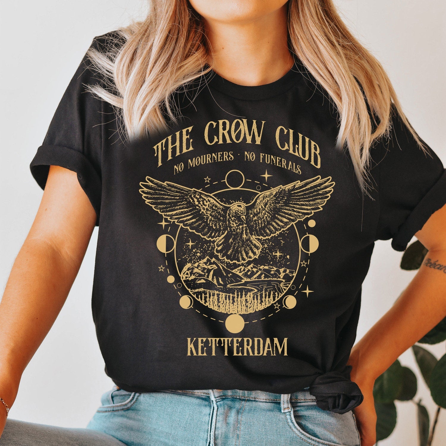 (SOC) -  Six of crows shirt, No mourners merch, Ketterdam crow club, Kaz Brekker sweater, Inej sweatshirt, Nina Jesper Matthias, No funerals quote