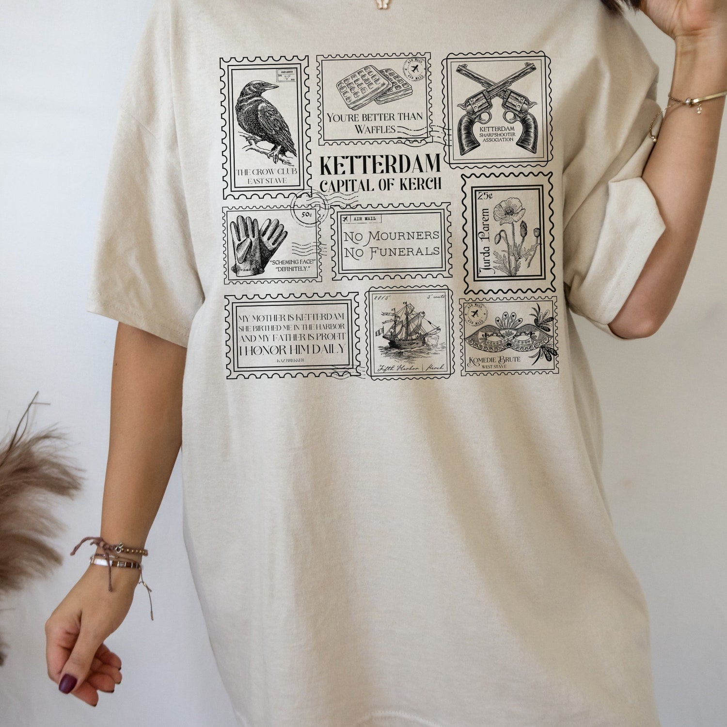 (SOC) -  Six of Crows Stamp Collection Tee Shirt Tshirt * Crow Club Kaz Inej Jesper Greetings from Ketterdam Postcard Book Fandom Merch Bookish Gift