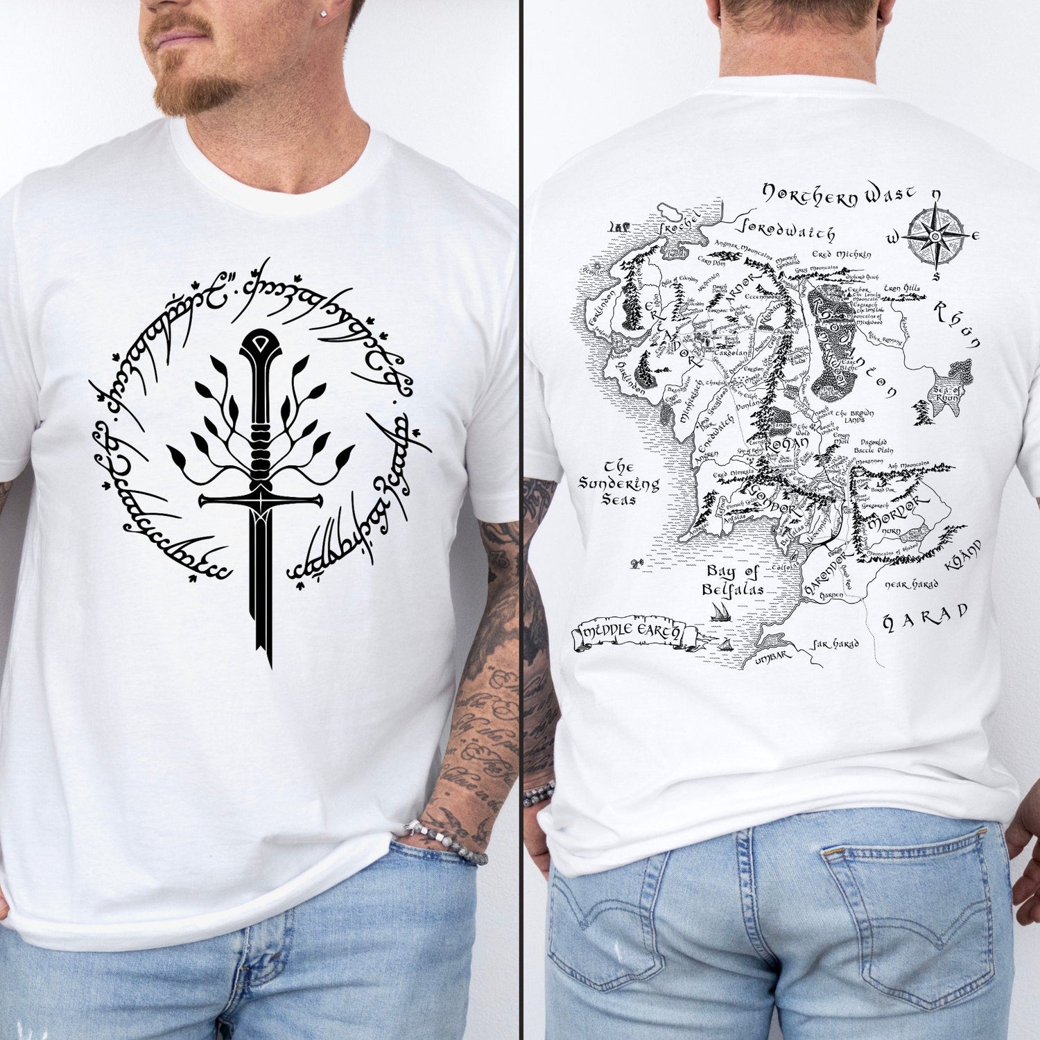 LOTR -  Tolkien T-Shirt, Narsil Broken Blade Tee with Middle Earth Map On Back Tshirt, LOTR Unisex Shirt, Lord of the Rings, LOTR FAN Nerdy Gift