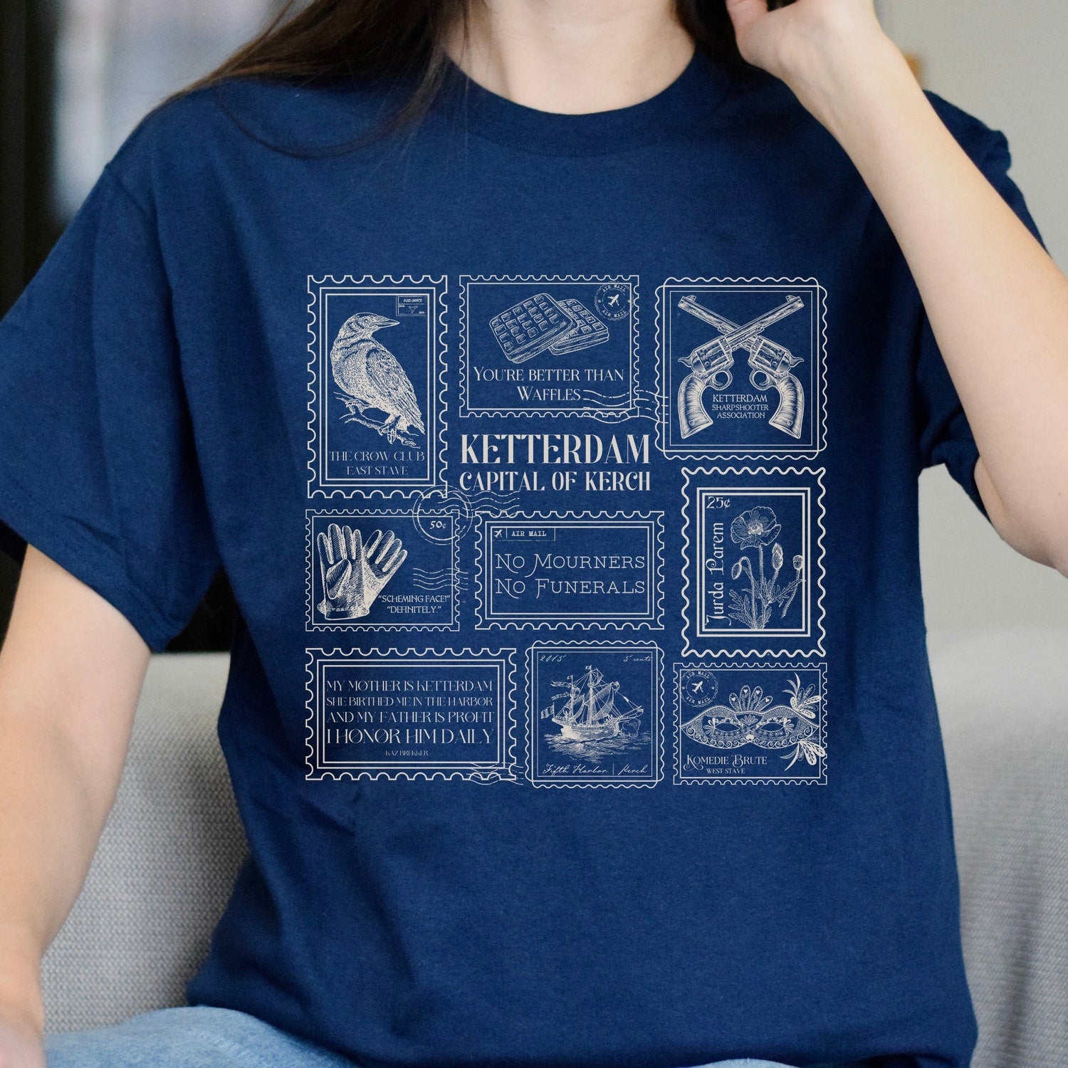 (SOC) -  Six of Crows Stamp Collection Tee Shirt Tshirt * Crow Club Kaz Inej Jesper Greetings from Ketterdam Postcard Book Fandom Merch Bookish Gift