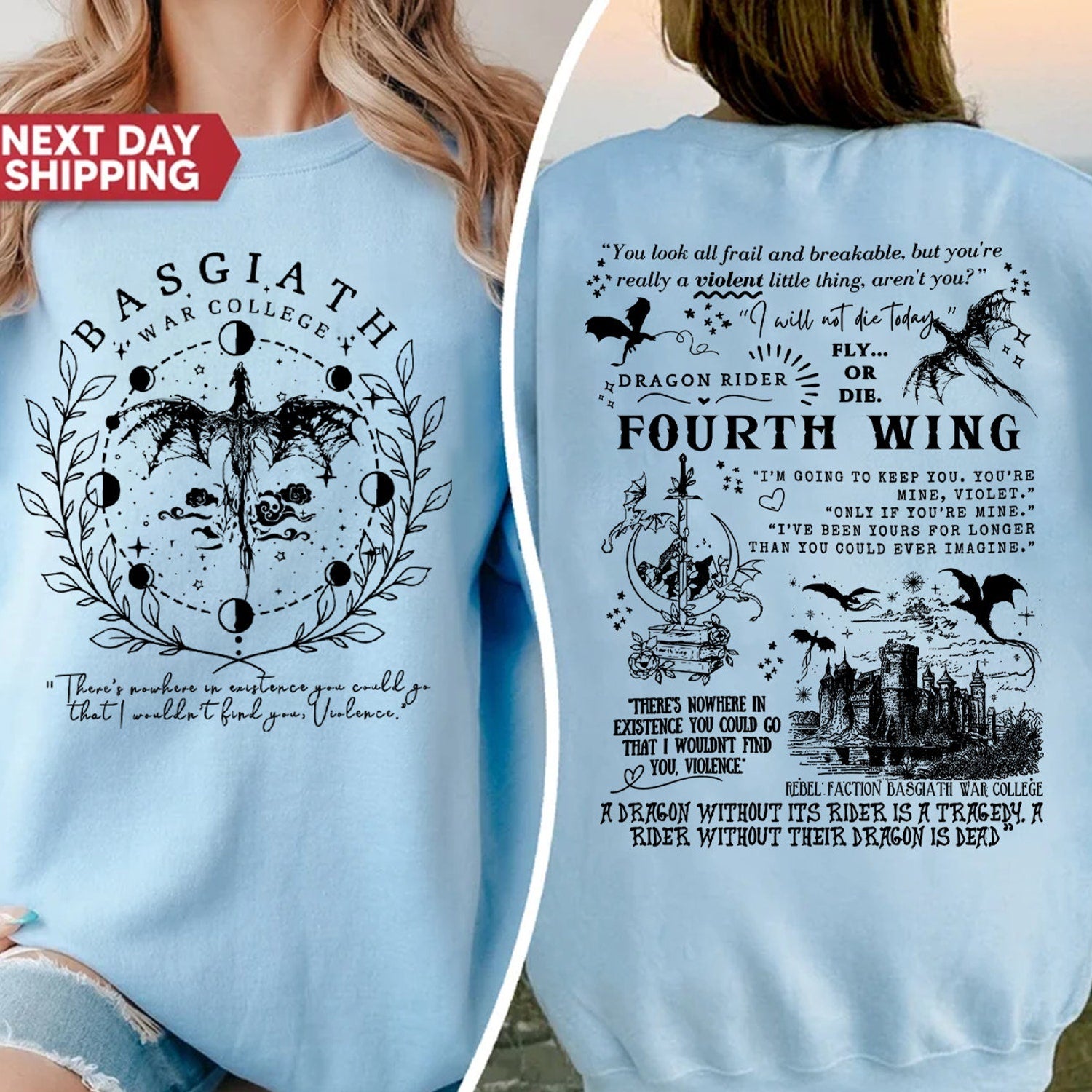 Fourth Wing -  Basgiath War College 2-Sided Sweatshirt, Fourth Wing Comfort colors Shirts, The Empyrean Series, Violet Sorrengail Fantasy Book, Fourth Wing