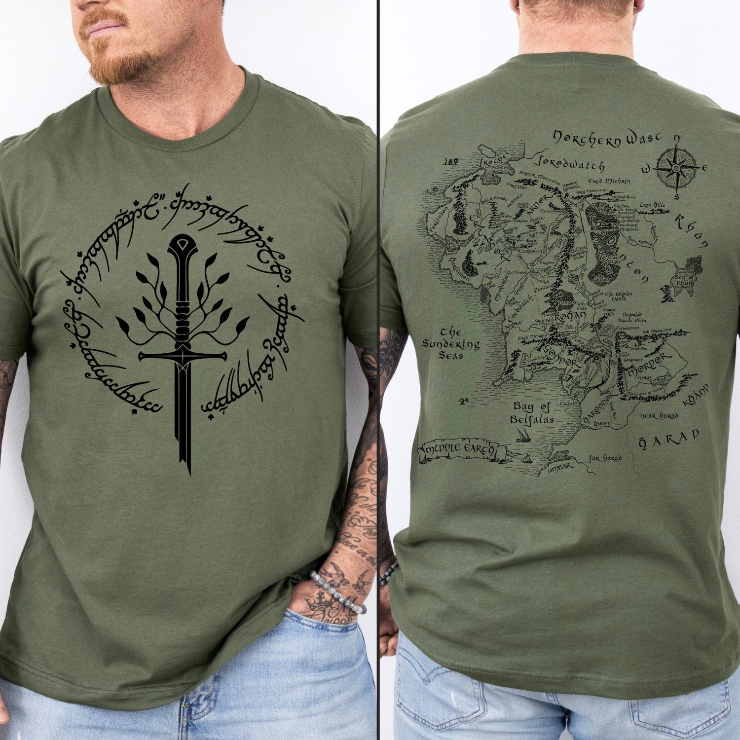 LOTR -  Tolkien T-Shirt, Narsil Broken Blade Tee with Middle Earth Map On Back Tshirt, LOTR Unisex Shirt, Lord of the Rings, LOTR FAN Nerdy Gift