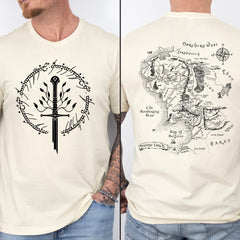 LOTR -  Tolkien T-Shirt, Narsil Broken Blade Tee with Middle Earth Map On Back Tshirt, LOTR Unisex Shirt, Lord of the Rings, LOTR FAN Nerdy Gift