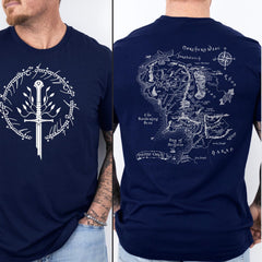 LOTR -  Tolkien T-Shirt, Narsil Broken Blade Tee with Middle Earth Map On Back Tshirt, LOTR Unisex Shirt, Lord of the Rings, LOTR FAN Nerdy Gift