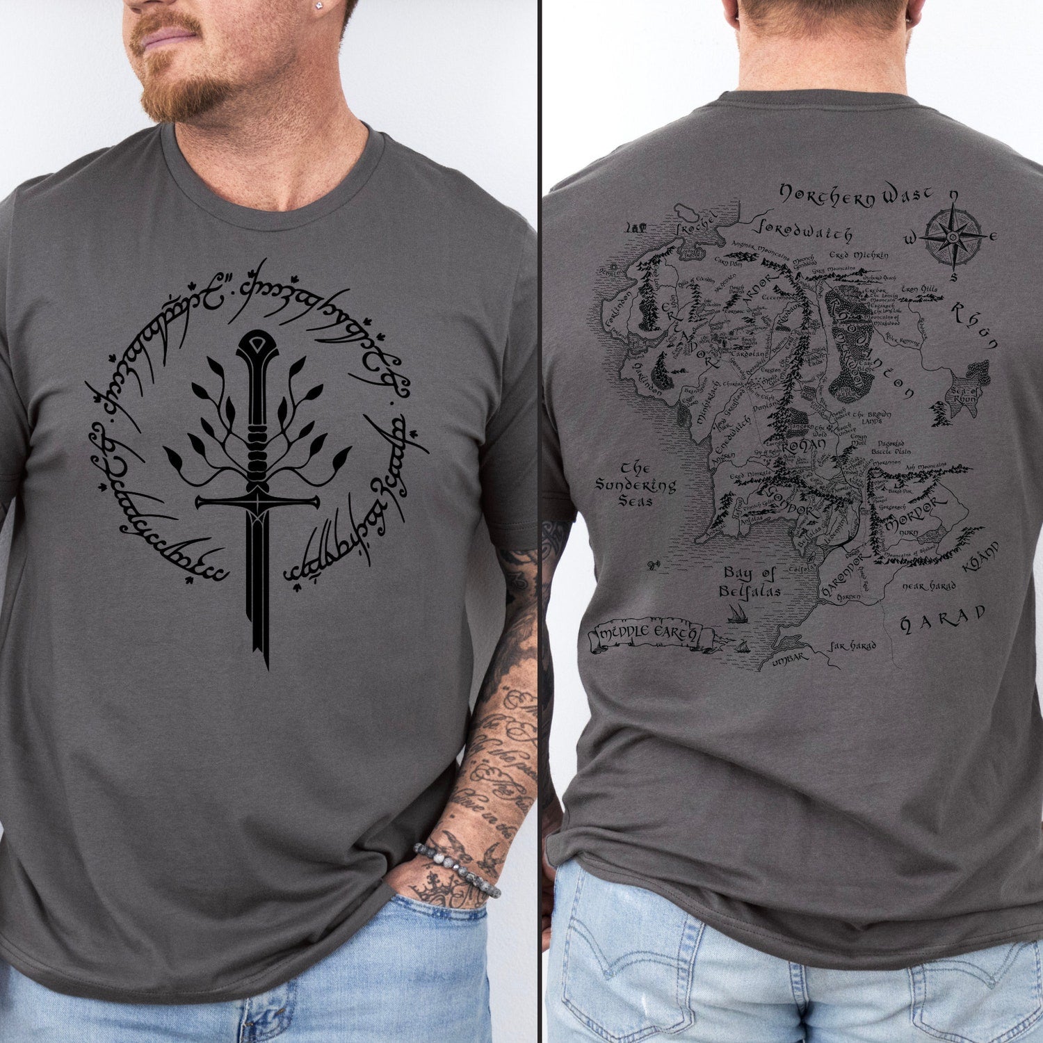 LOTR -  Tolkien T-Shirt, Narsil Broken Blade Tee with Middle Earth Map On Back Tshirt, LOTR Unisex Shirt, Lord of the Rings, LOTR FAN Nerdy Gift